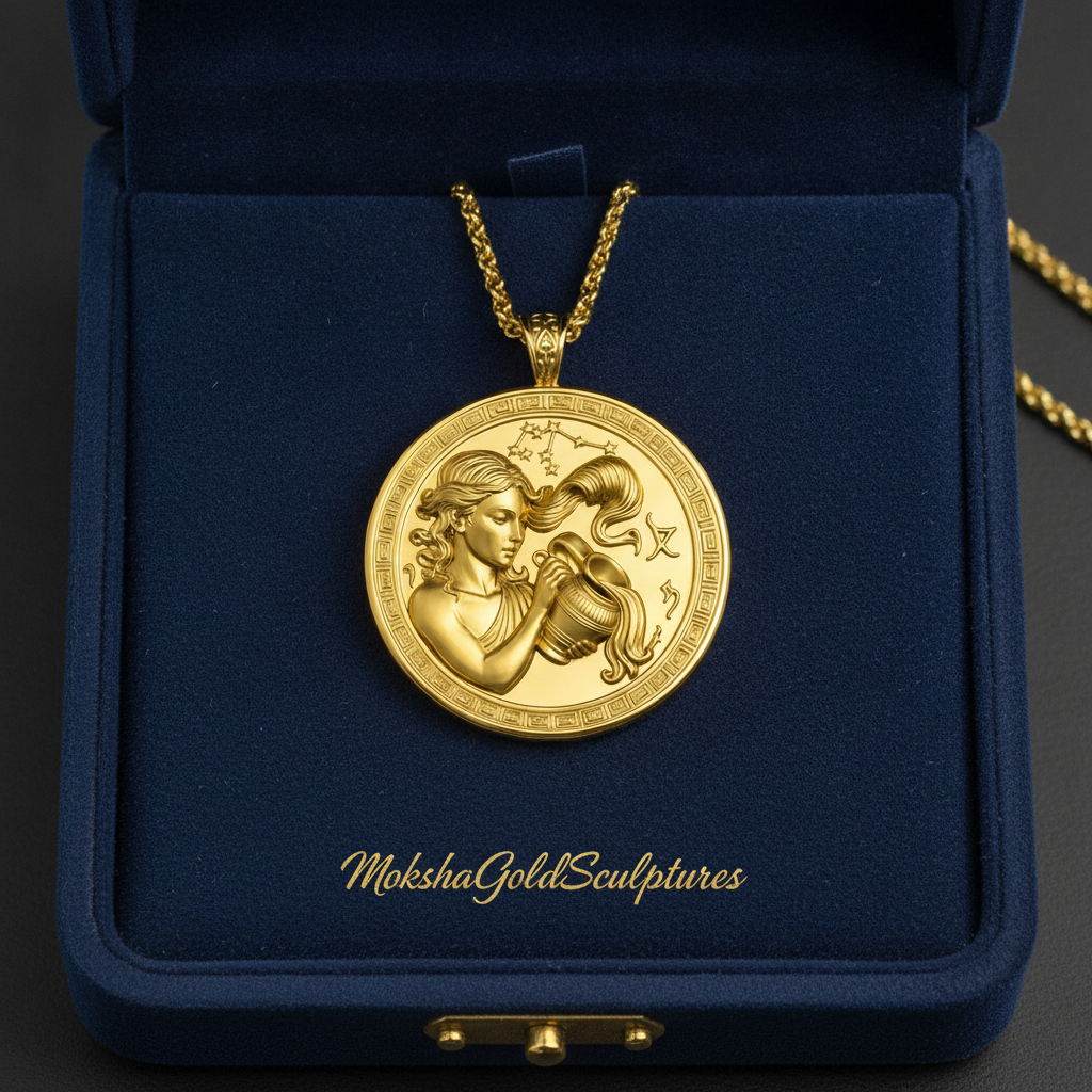 Aquarius Zodiac Pendant Necklace in 9K gold, silver, or yellow brass by MokshaGoldSculptures.