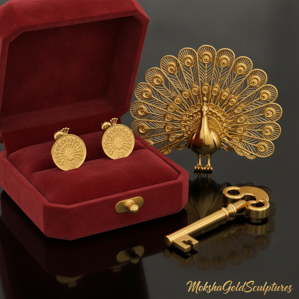 Peacock stud earrings in 9K gold, sterling silver, or polished brass by MokshaGoldSculptures with fan tail design.