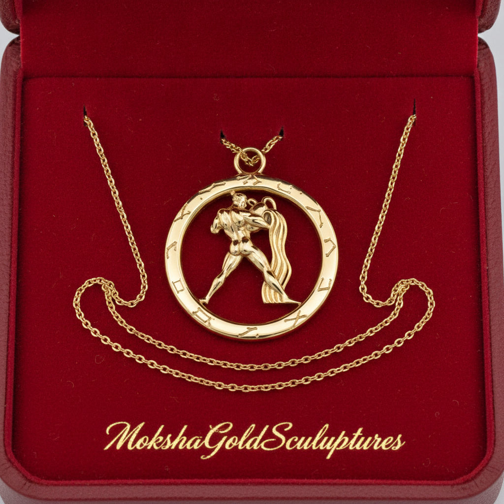 Aquarius Zodiac Pendant Necklace in 9K gold by MokshaGoldSculptures on chain, Water Bearer symbol, red velvet box.