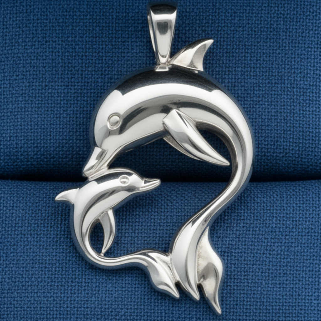 A Dolphin Mother & Baby Pendant Necklace in gold finish by MokshaGoldSculptures, presented in a blue-cushioned box.