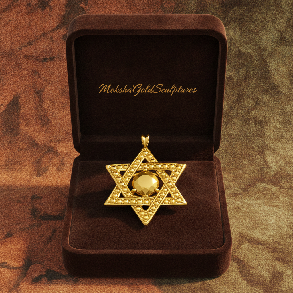 The Star of David Pendant Necklace in 18K gold by MokshaGoldSculptures, shown in a brown velvet box.