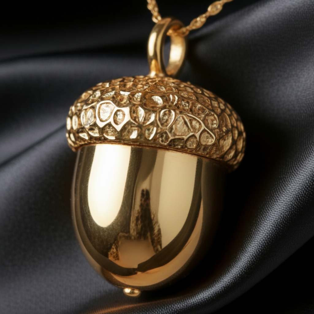 The Gold Acorn Pendant Necklace in 24K gold plate, textured cap, by MokshaGoldSculptures.