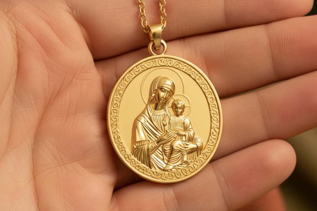 Virgin Mary & Child Coin Pendant Necklace | Blessed Mother Medallion | Christian Jewelry in 18K Gold, Sterling Silver or Yellow Brass