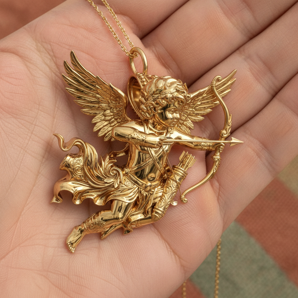 Winged Cupid Archer Pendant Necklace | Cherub Angel with Bow & Arrow | Handmade in 9K Gold, Sterling Silver & Yellow Brass