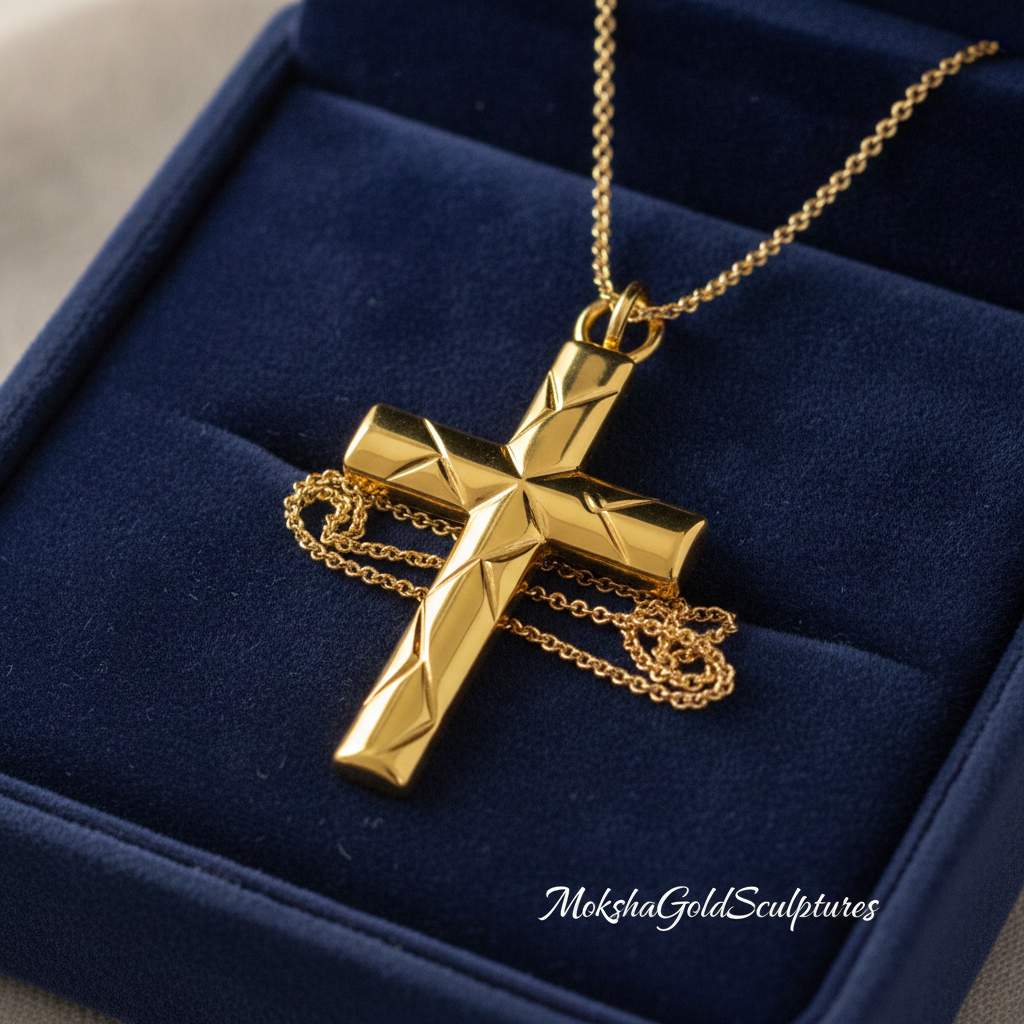 The Faceted Cross Pendant Necklace in 9K gold by MokshaGoldSculptures, geometric charm on gold chain in velvet box.