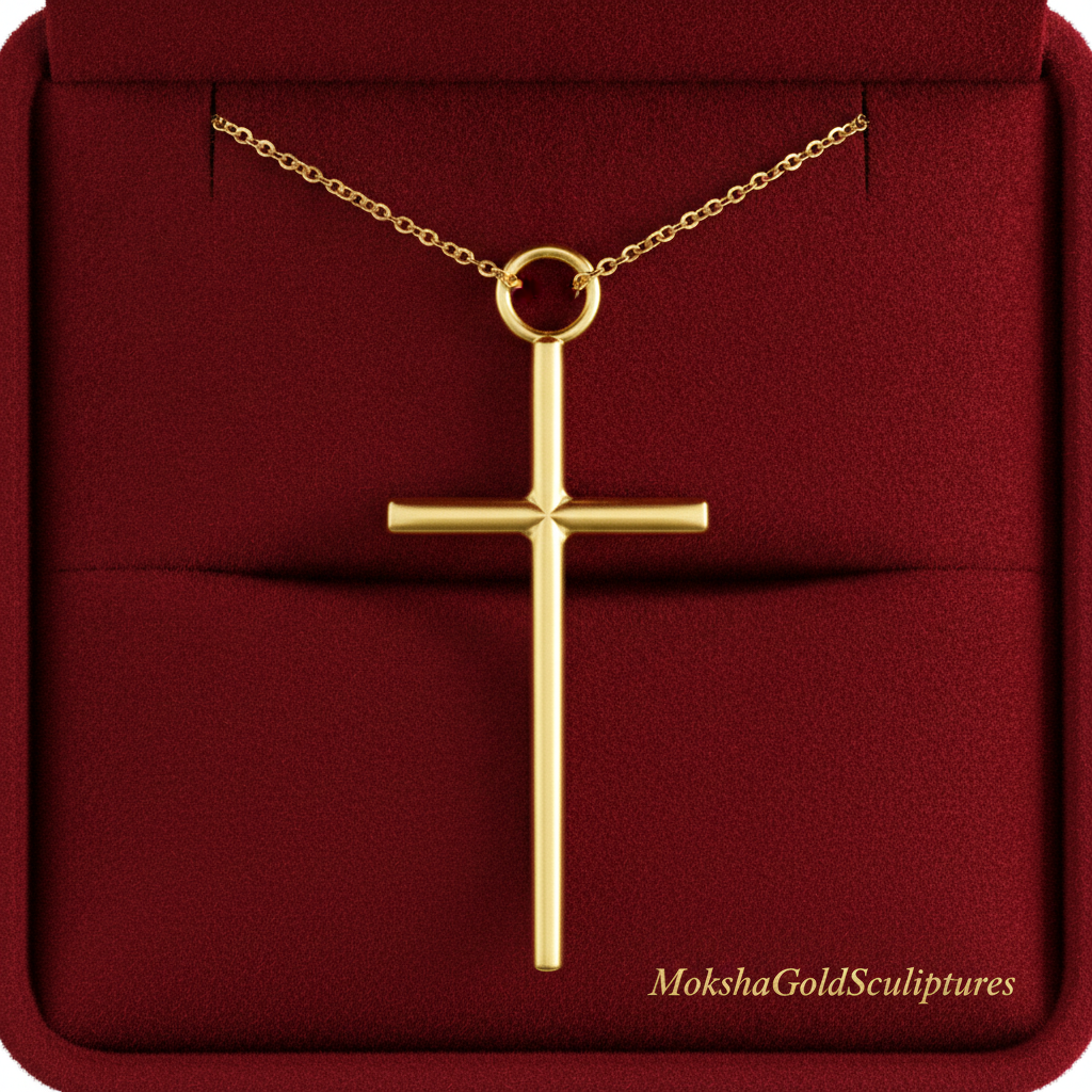 The Minimalist Cross Pendant Necklace in 9K gold by MokshaGoldSculptures on delicate chain, shown in red velvet box.