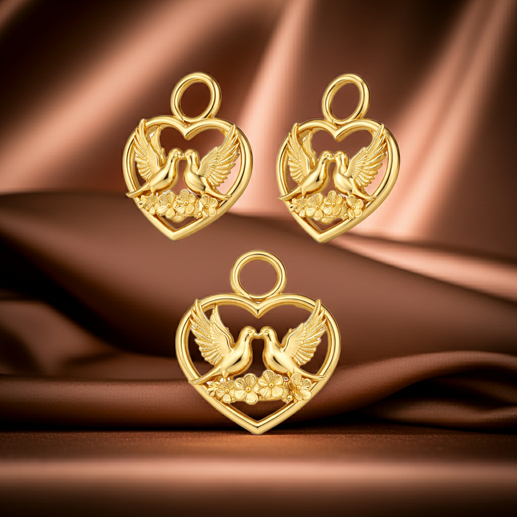 Solid Gold Heart and Dove Pendant - Romantic Love Bird Charm Necklace