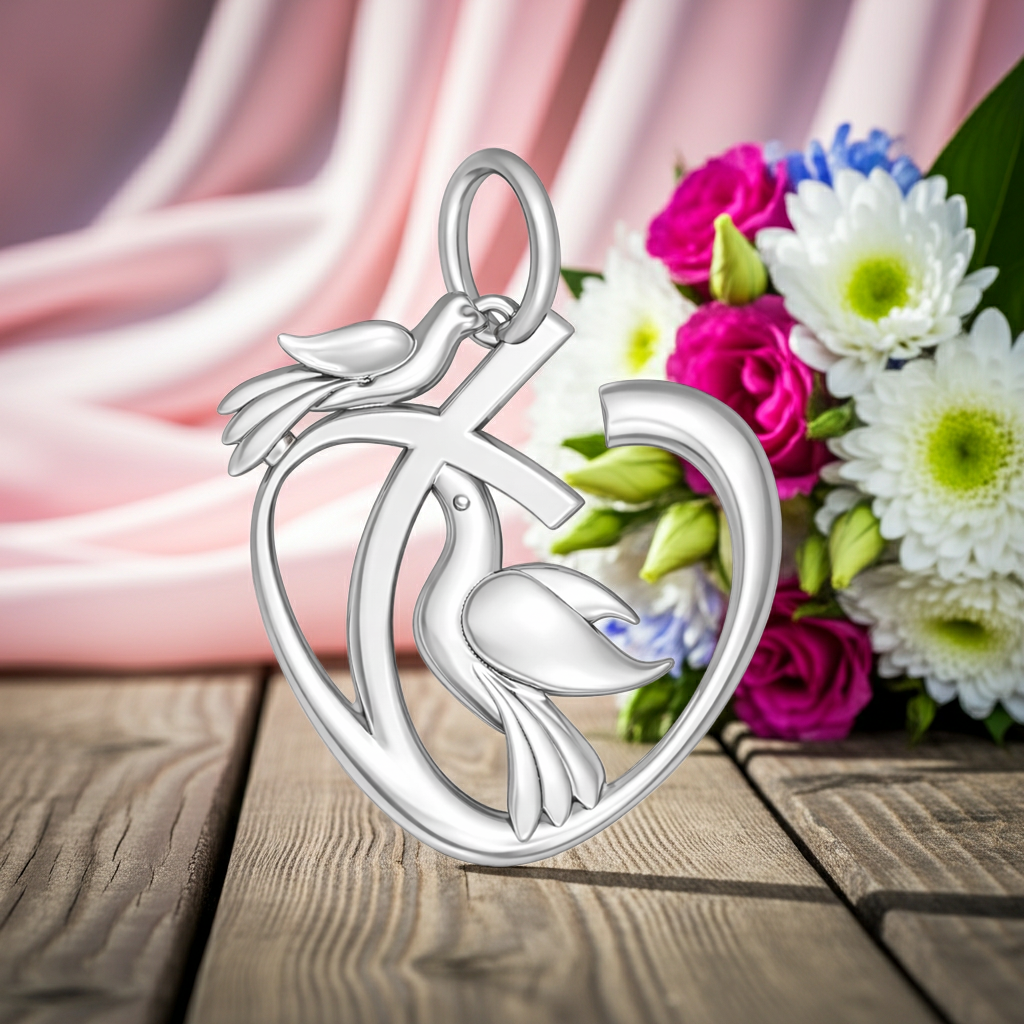 Heart and Dove Pendant - Polished Silver and Brass Symbolic Charm