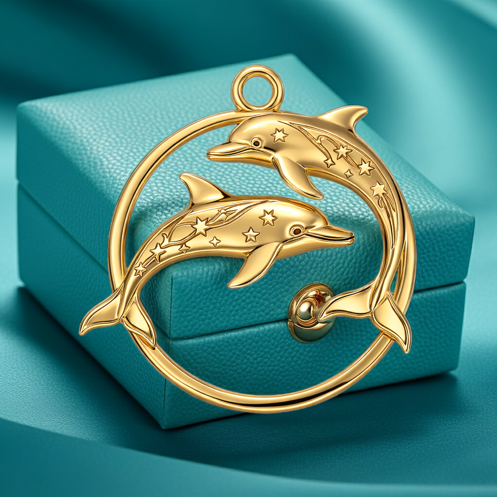 Polished Sterling Silver Dolphin Circle Pendant – Celestial Star Engraved Double Dolphin Necklace Charm – 25x23mm