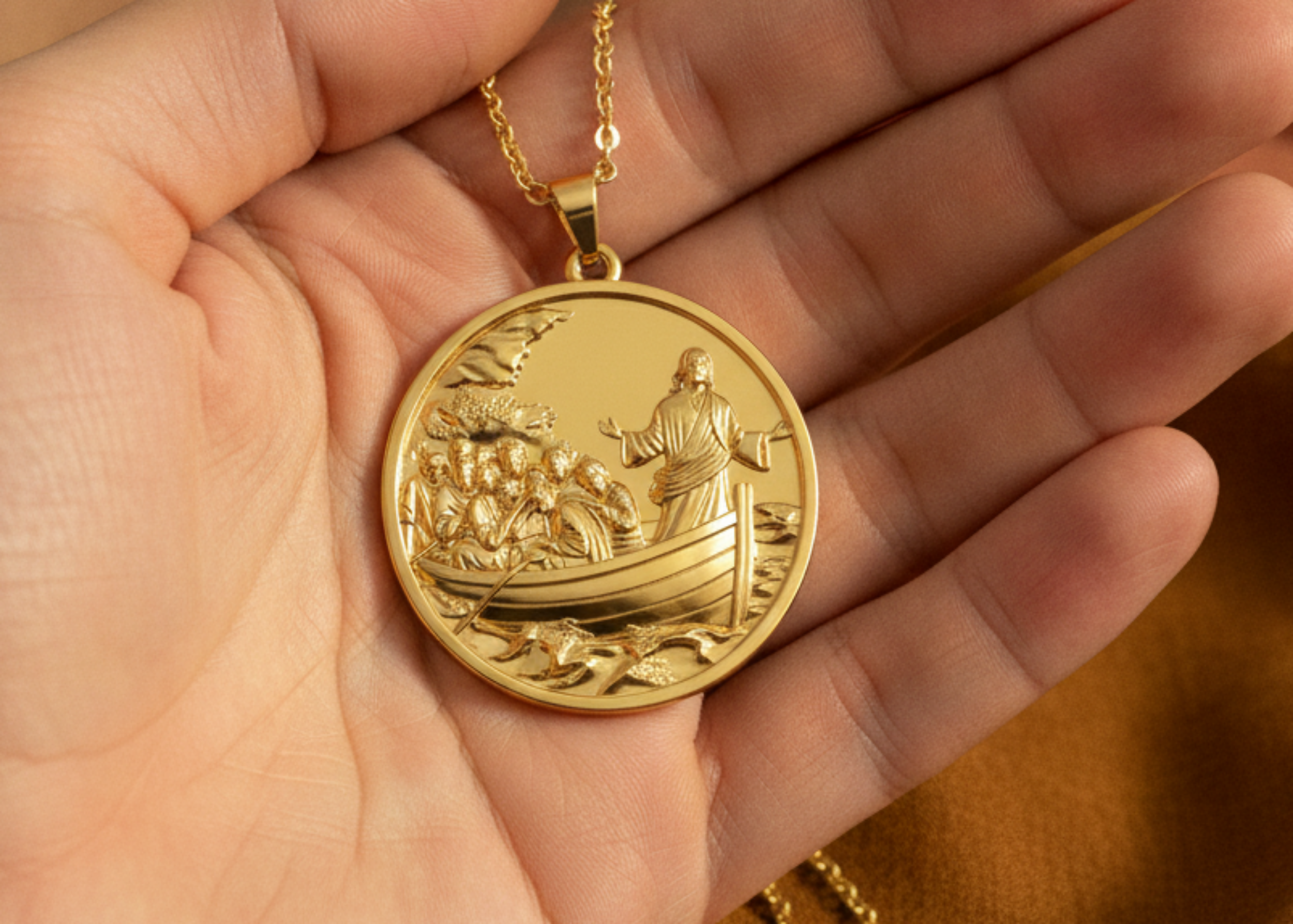 Jesus Calms the Storm Coin Pendant Necklace | 30mm Christian Medallion | 18K Gold, Sterling Silver or Yellow Brass | Religious Gift