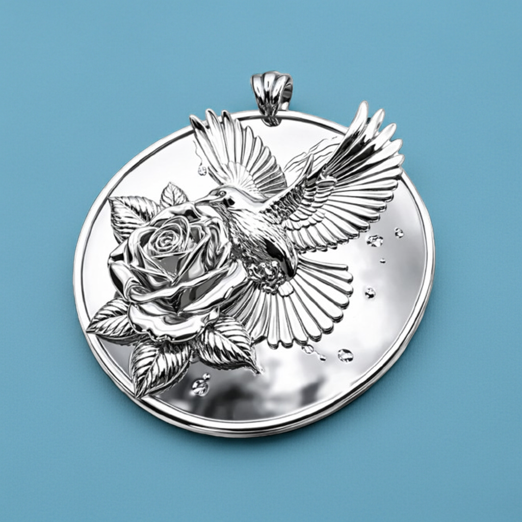 Polished Silver & Brass Hummingbird Rose Pendant Necklace | Handmade Engraved Floral Bird Jewelry | Gift for Her | Nature Inspired Charm