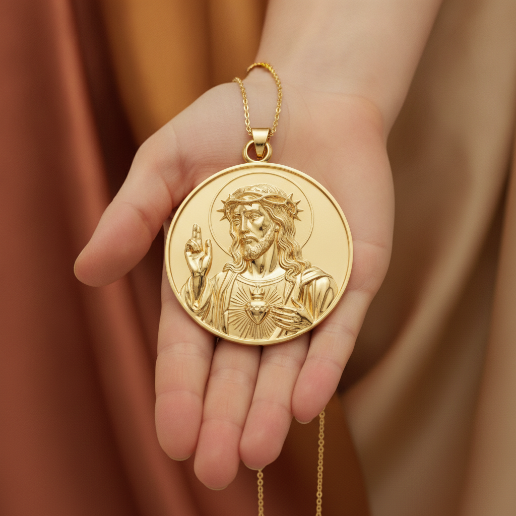 Jesus Sacred Heart Coin Pendant Necklace | 18K Gold Plated, Sterling Silver or Polished Brass | Christian Medallion | Catholic Religious Jewellery | 30mm