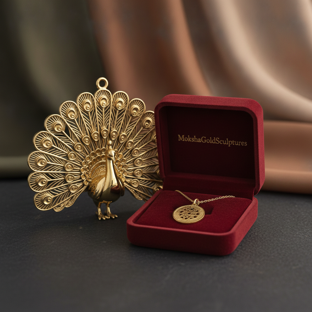 Peacock Pendant Necklace in 9K gold by MokshaGoldSculptures, shown with a gold peacock figurine and red velvet box.