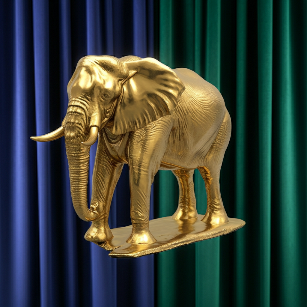 The Majestic Golden Elephant Statue in gold finish by MokshaGoldSculptures, sleek design with lowered trunk.