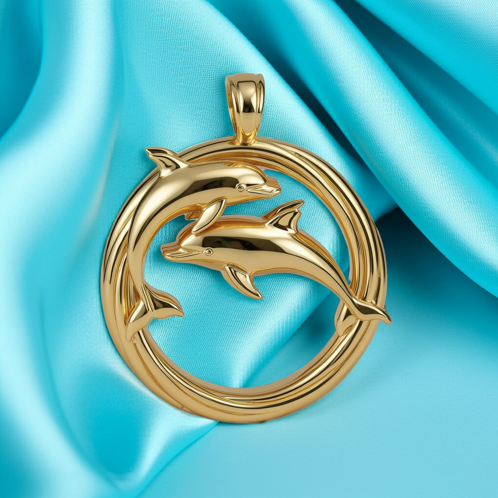 Polished Gold Dolphin Circle Pendant with Integrated Bail – Double Dolphin Necklace – 29 x 23 mm