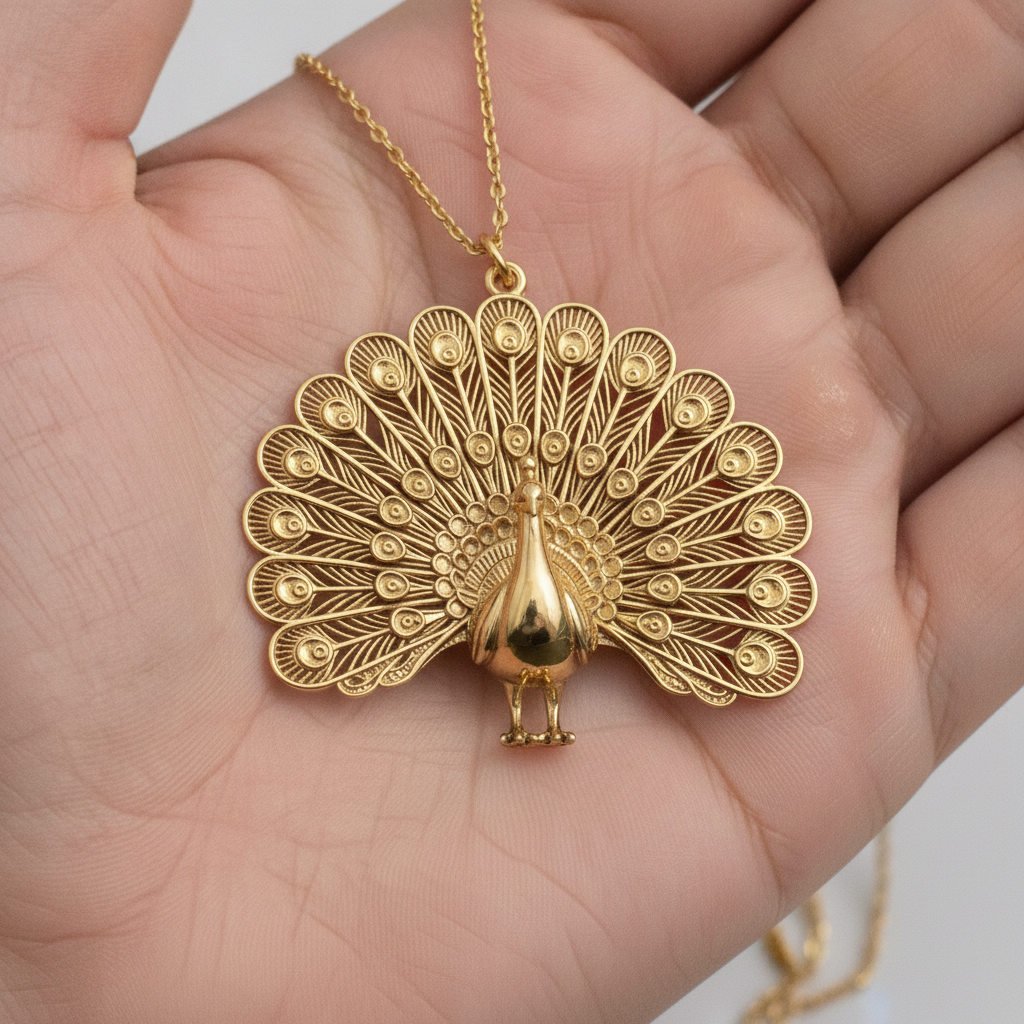 Peacock Fan Tail Pendant Necklace 25mm | 9K Gold, Sterling Silver 925 & Polished Yellow Brass | Elegant Bird Pendant | Nature Inspired Gift | Made to Order