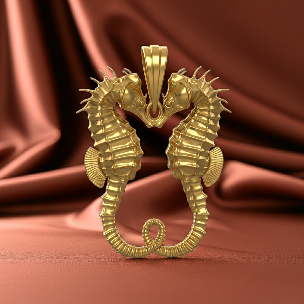 The Seahorse Couple Pendant Necklace in gold by MokshaGoldSculptures, two seahorses entwined, on satin background.