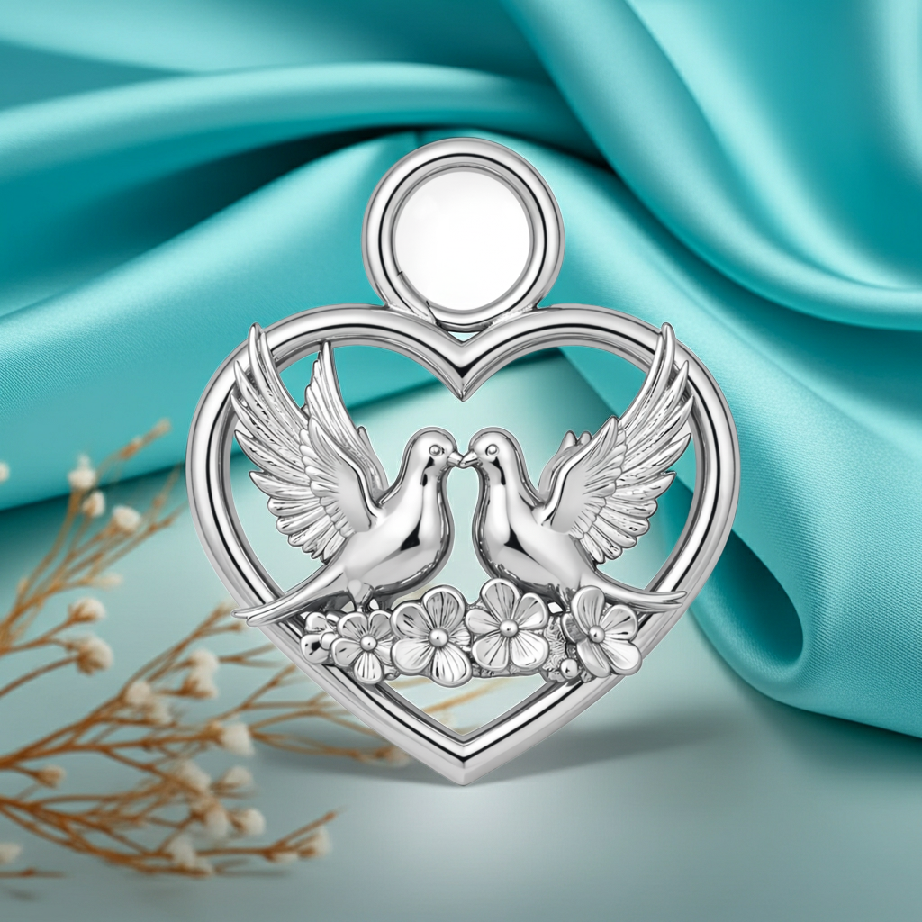 Heart and Dove Pendant - Polished Silver and Brass Romantic Love Charm