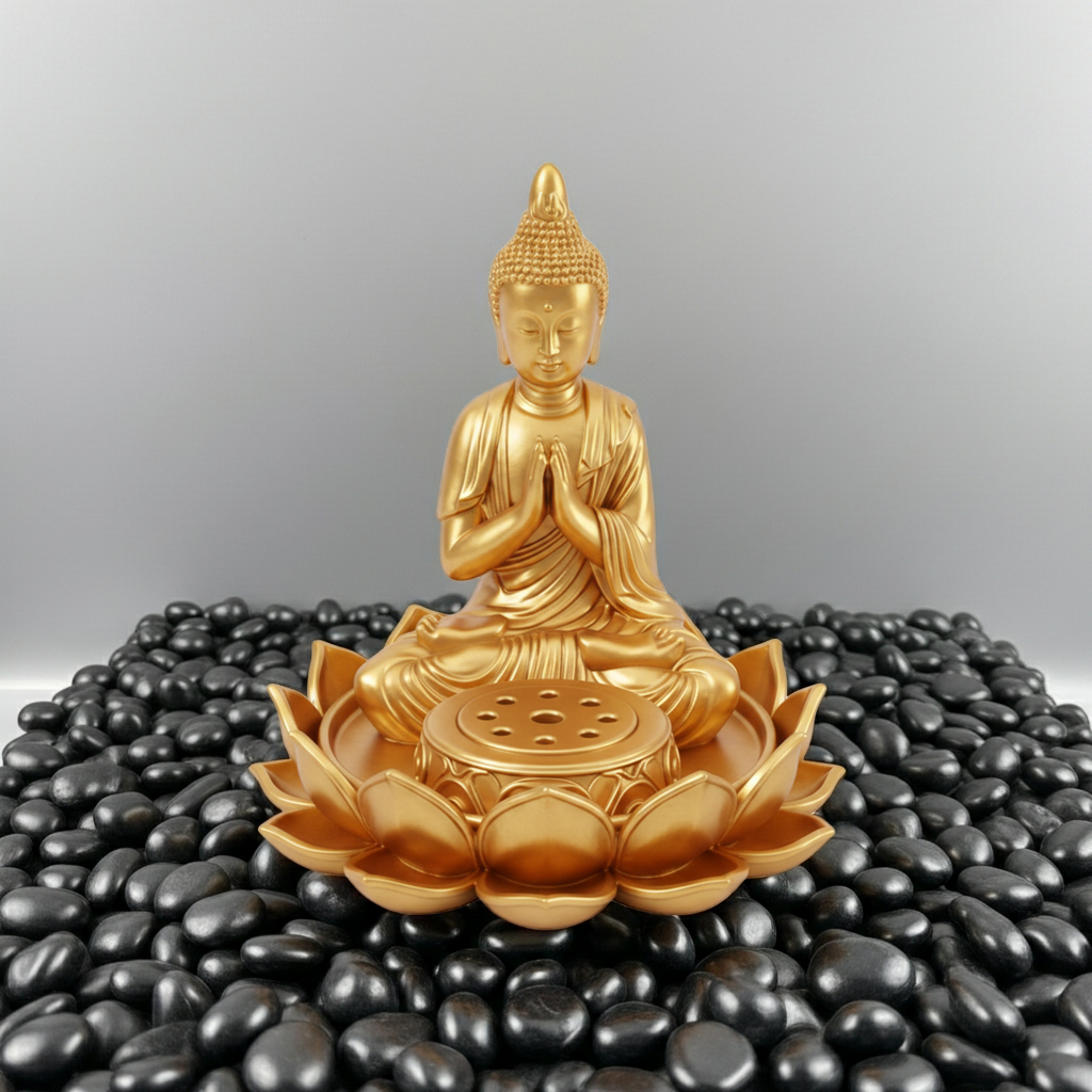 Lotus Buddha Incense Holder in gold finish by MokshaGoldSculptures, 3D printed PLA with serene black pebbles.
