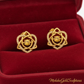 Celtic Trinity Knot Heart Stud Earrings in 9K gold by MokshaGoldSculptures, shown in red velvet box with logo.