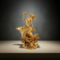 The Golden Mermaid with Dolphin Sculpture in gold finish by MokshaGoldSculptures, mermaid and dolphin on base.