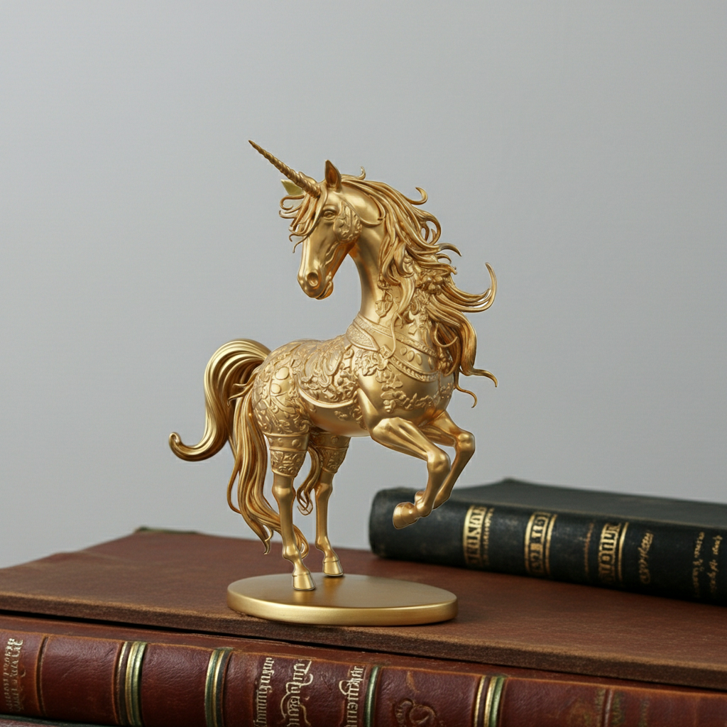 The Golden Unicorn Statue 250mm in gold finish by MokshaGoldSculptures, intricate raised-leg design.