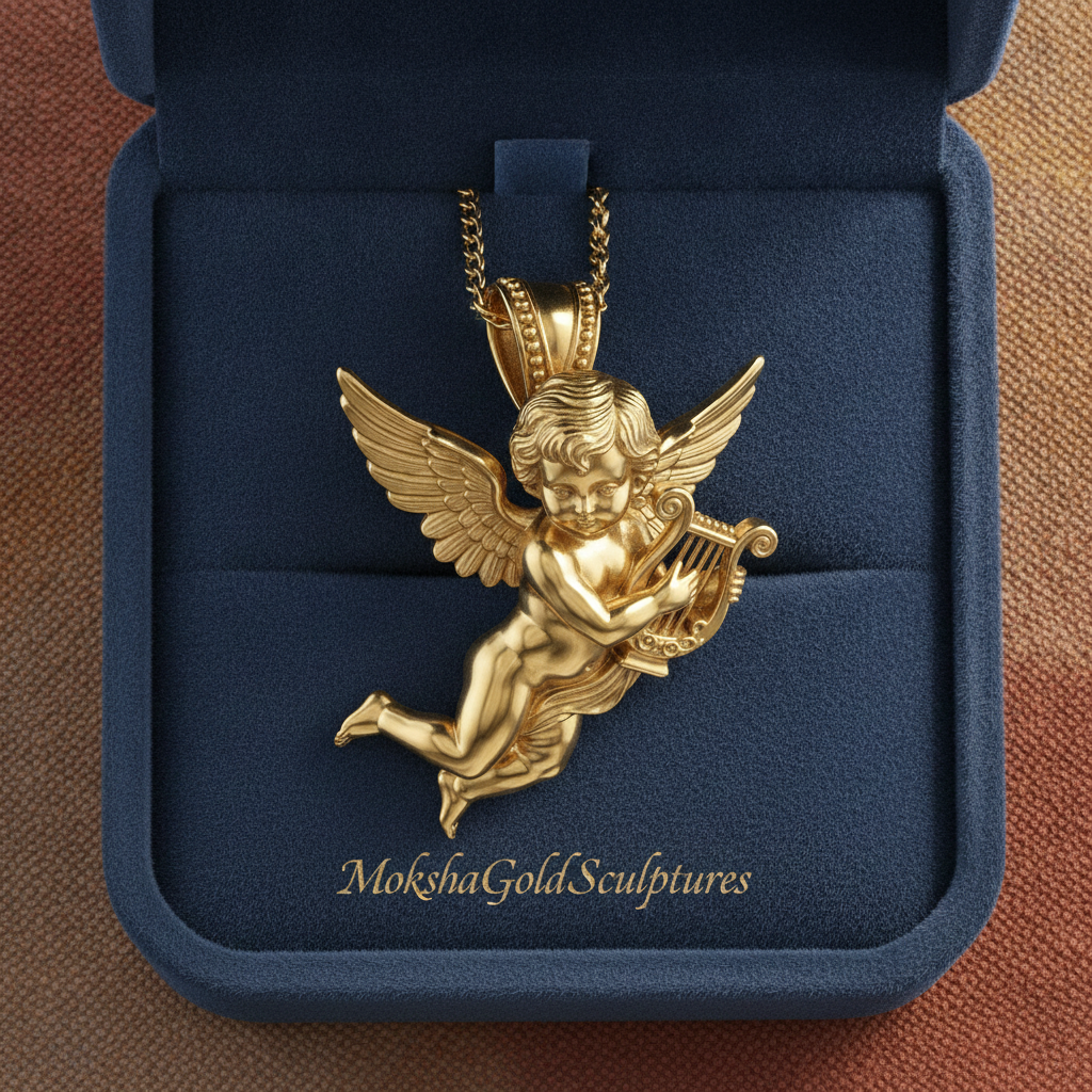 Golden Cherub Harp Pendant Necklace, Guardian Angel Jewelry, 9K Gold Angel Pendant, Sterling Silver Cherub Necklace, Religious Gift