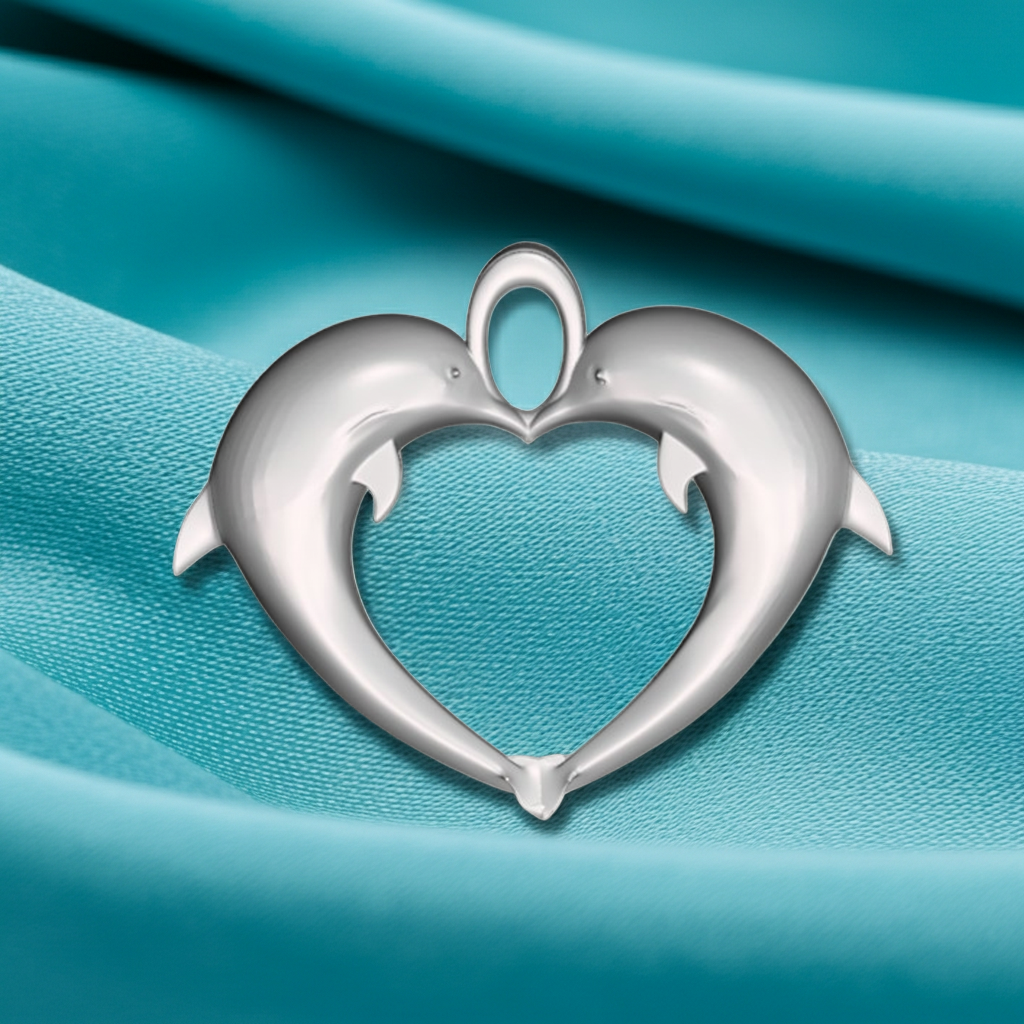 Gold Double Dolphin Heart Pendant with Integrated Bail – Polished Finish – 29 x 24 mm