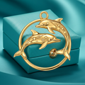 Polished Gold Dolphin Circle Pendant – Celestial Double Dolphin Necklace Charm – 25 x 23 mm