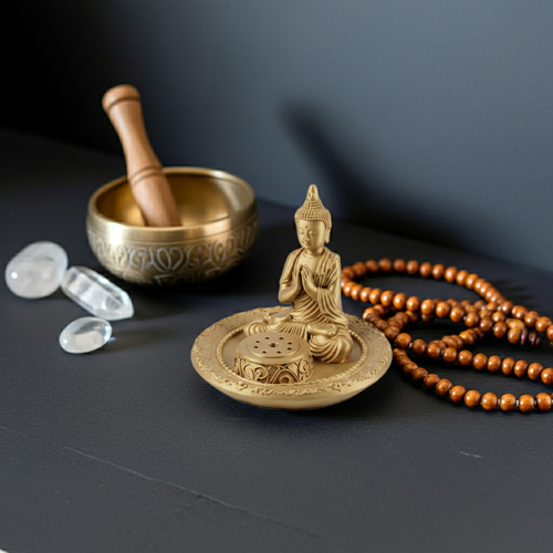 The Buddha Incense Holder Tray by MokshaGoldSculptures in gold, black, silver & grey resin finish with plate and beads.