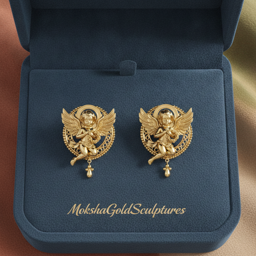 Golden Cherub Angel Stud Earrings | Guardian Angel Jewelry | 9K Gold, Sterling Silver & Yellow Brass | Handmade Religious Gift