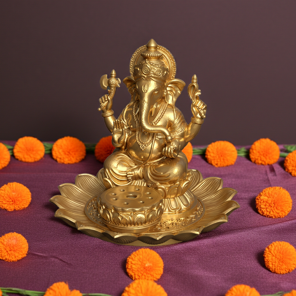 Golden Ganesh Incense Holder with Lotus Base – PLA 3D Printed Spiritual Decor – Meditation Ash Catcher – Hindu Home Temple Gift – Free Shipping