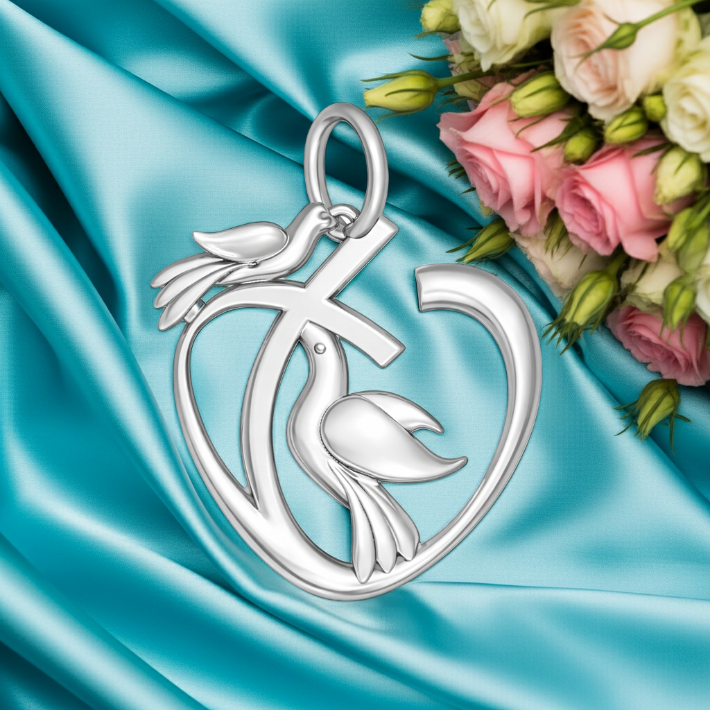 Heart and Dove Pendant - Polished Silver and Brass Symbolic Charm
