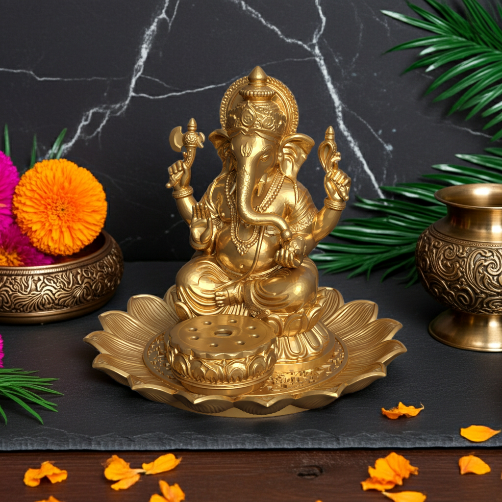 Golden Ganesh Incense Holder with Lotus Base – PLA 3D Printed Spiritual Decor – Meditation Ash Catcher – Hindu Home Temple Gift – Free Shipping