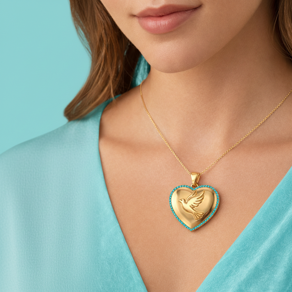 Holy Spirit Dove Heart Pendant – 30mm Polished Silver or Brass – Christian Faith Necklace, Religious 3D Relief Charm