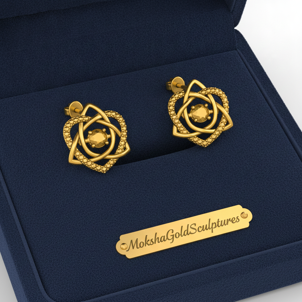 Celtic Trinity Knot Heart Stud Earrings in 9K gold by MokshaGoldSculptures, shown in a dark blue box with gold nameplate.