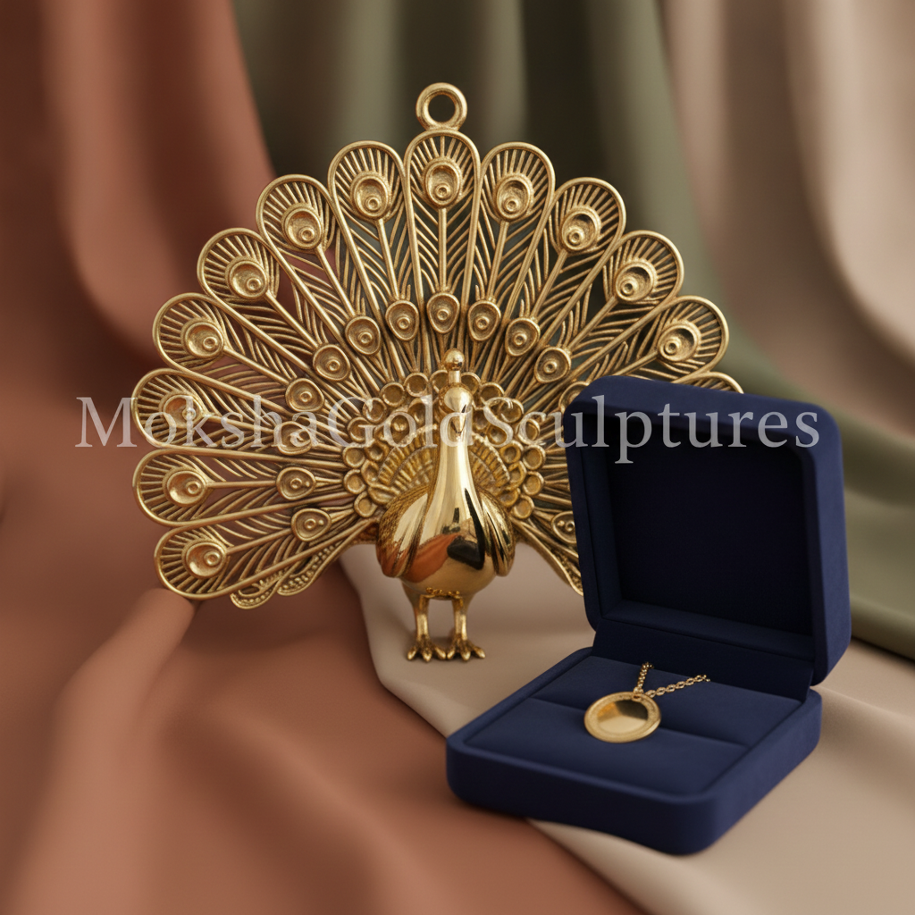 Peacock Pendant Necklace in 9K gold, sterling silver, or polished brass by MokshaGoldSculptures with gold peacock sculpture.