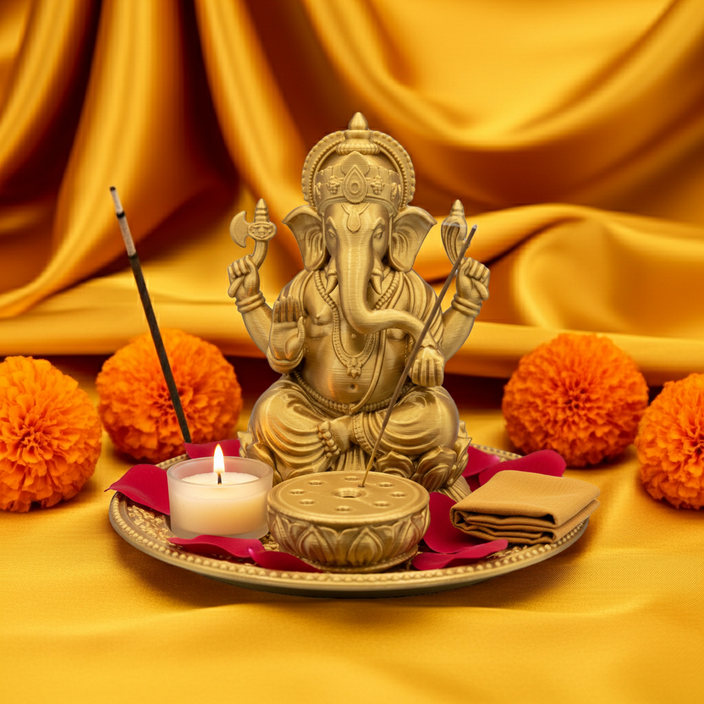 Ganesh Incense Holder Tray in PLA & resin by MokshaGoldSculptures, decorative altar design, elegant finish.