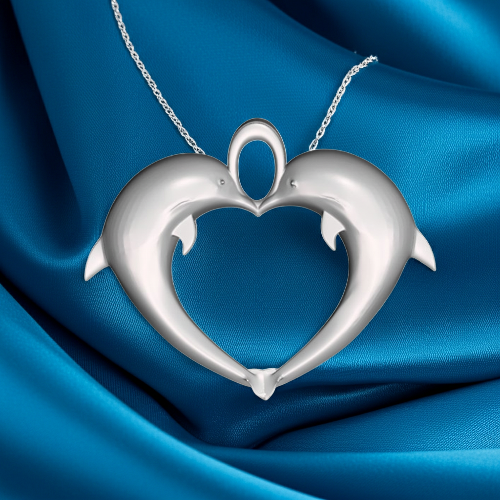 Double Dolphin Heart Pendant with Integrated Bail – Polished Silver or Brass – 29 x 24 mm