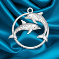 Polished Sterling Silver Dolphin Circle Pendant – Celestial Star Engraved Double Dolphin Necklace Charm – 25x23mm