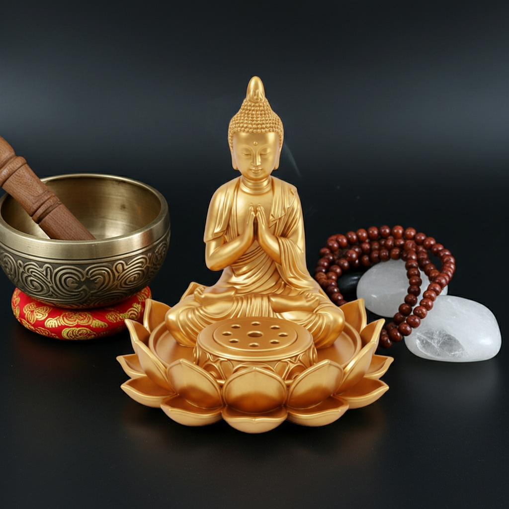 Lotus Buddha Incense Holder in golden PLA by MokshaGoldSculptures with serene altar accents, 3D printed matte finish.