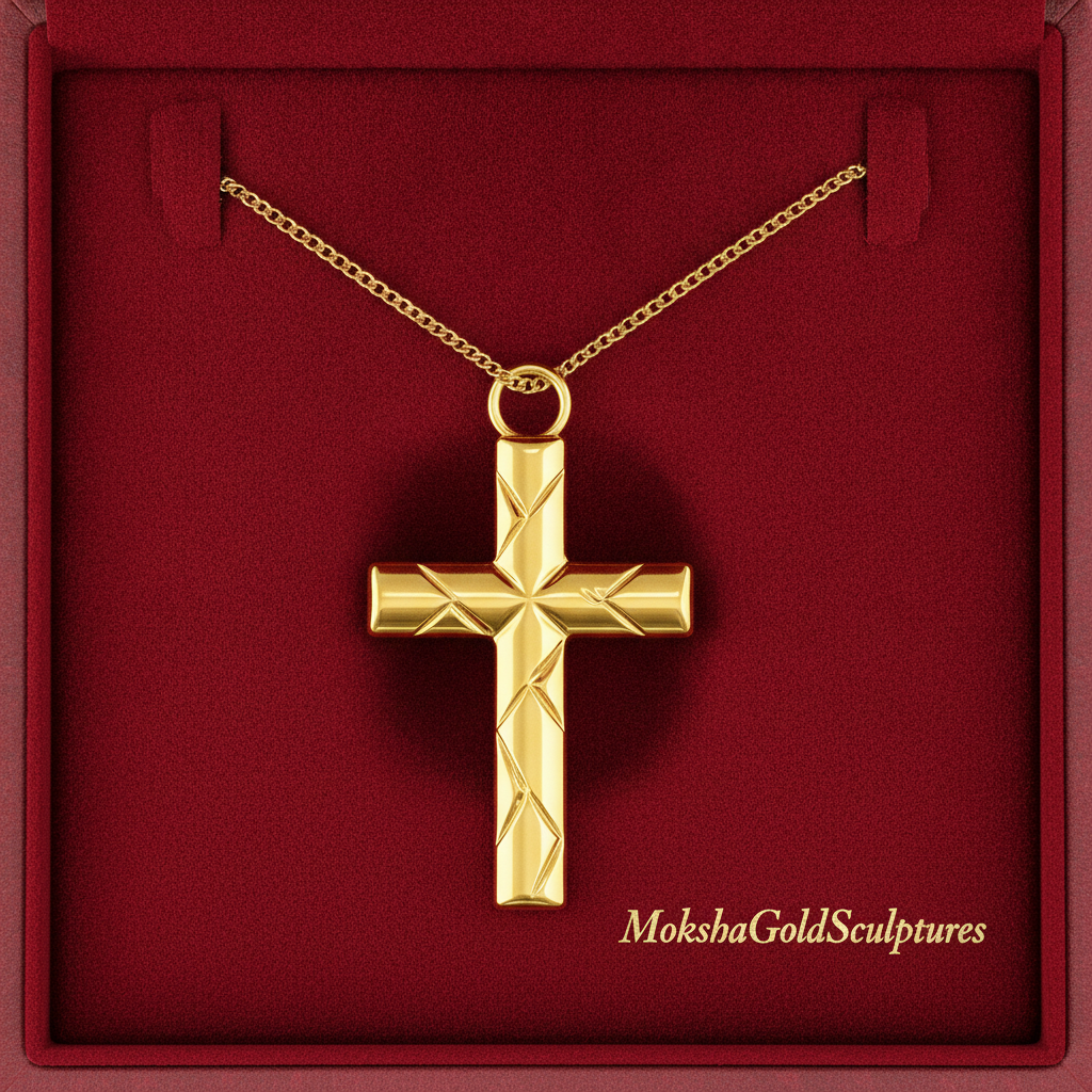 The Faceted Cross Pendant Necklace in 9K gold by MokshaGoldSculptures, displayed in a red velvet box with logo.