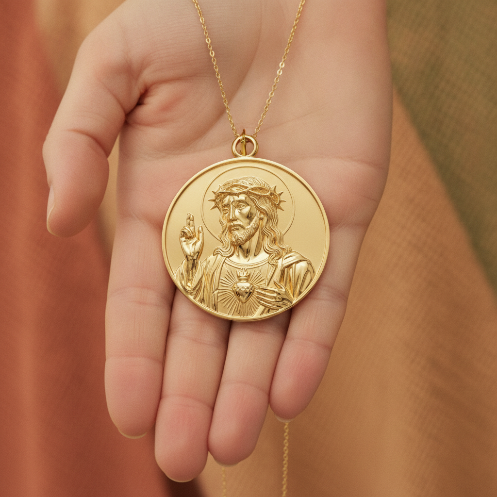 Jesus Sacred Heart Coin Pendant Necklace | 18K Gold Plated, Sterling Silver or Polished Brass | Christian Medallion | Catholic Religious Jewellery | 30mm