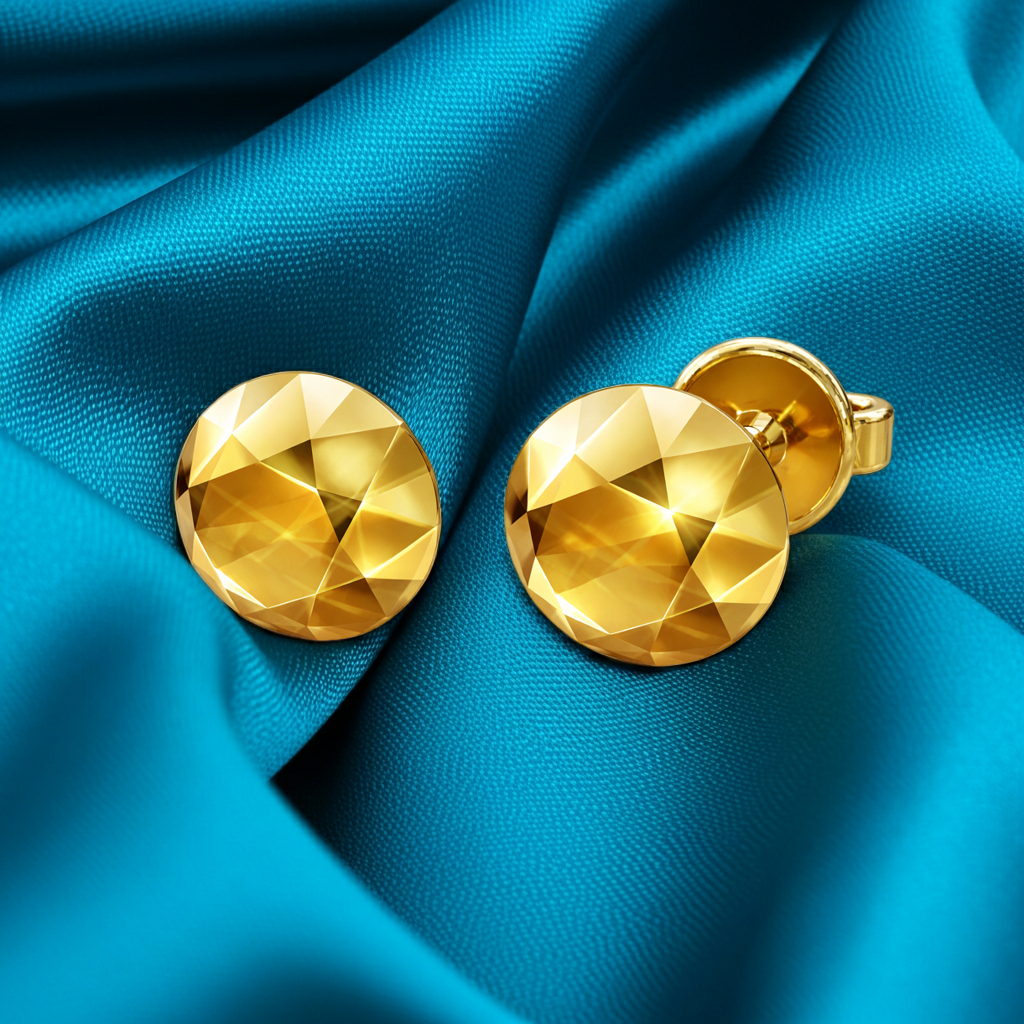 Faceted Round Stud Earring – 10mm Geometric Dome Stud in Polished Gold