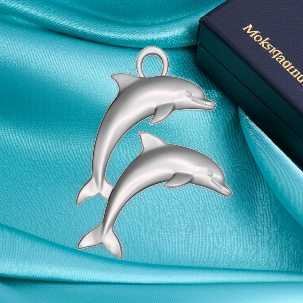 Double Dolphin Pendant with Integrated Bail – Polished Silver or Brass – 28 x 21 mm