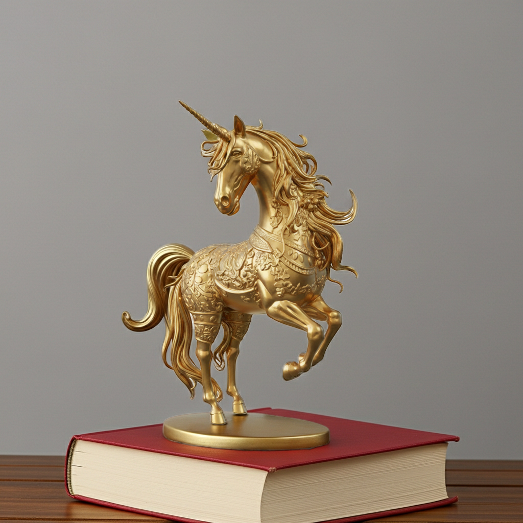 The Golden Unicorn Statue 250mm in gold matte finish by MokshaGoldSculptures, shown on a red book.