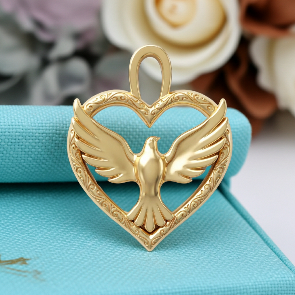 Holy Spirit Dove Heart Pendant – 35mm Polished Yellow Gold – Christian Religious Charm, Faith Jewelry, 3D Relief Necklace
