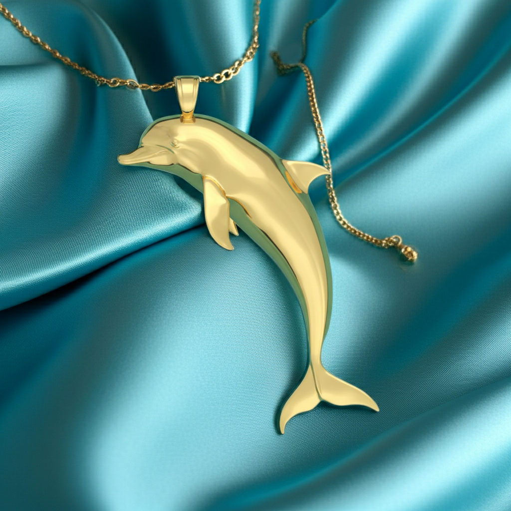 Solid Gold Dolphin Pendant 29mm – 10K 14K 18K Yellow White Rose Gold – Ocean Jewelry Charm – Marine Life Necklace