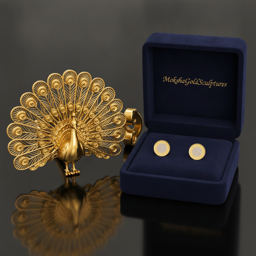 Peacock Stud Earrings in 9K gold by MokshaGoldSculptures, displayed in an open blue velvet box beside a gold peacock sculpture.