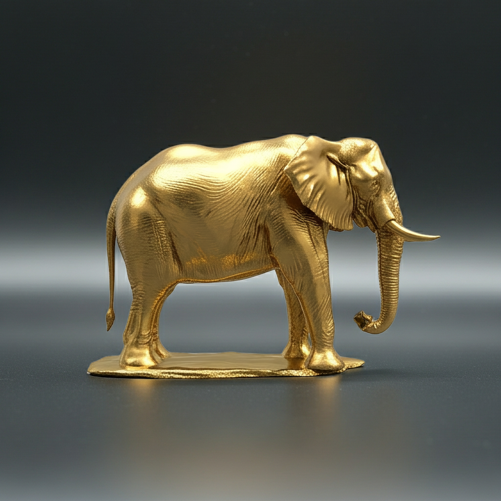 The Majestic Golden Elephant Statue in gold metallic finish by MokshaGoldSculptures, featuring intricate 3D printed details.
